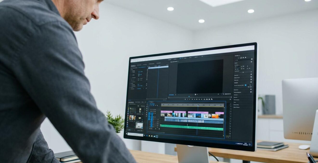 Videoerstellungs-Interface mit Timeline auf modernem Computerbildschirm für KI-Videoproduktion